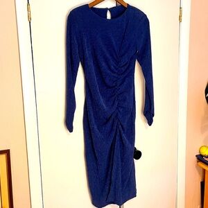 Kaos Blue Asymmetrical Ruched Long Sleeve Midi Dress Size IT 42 - Stretchy